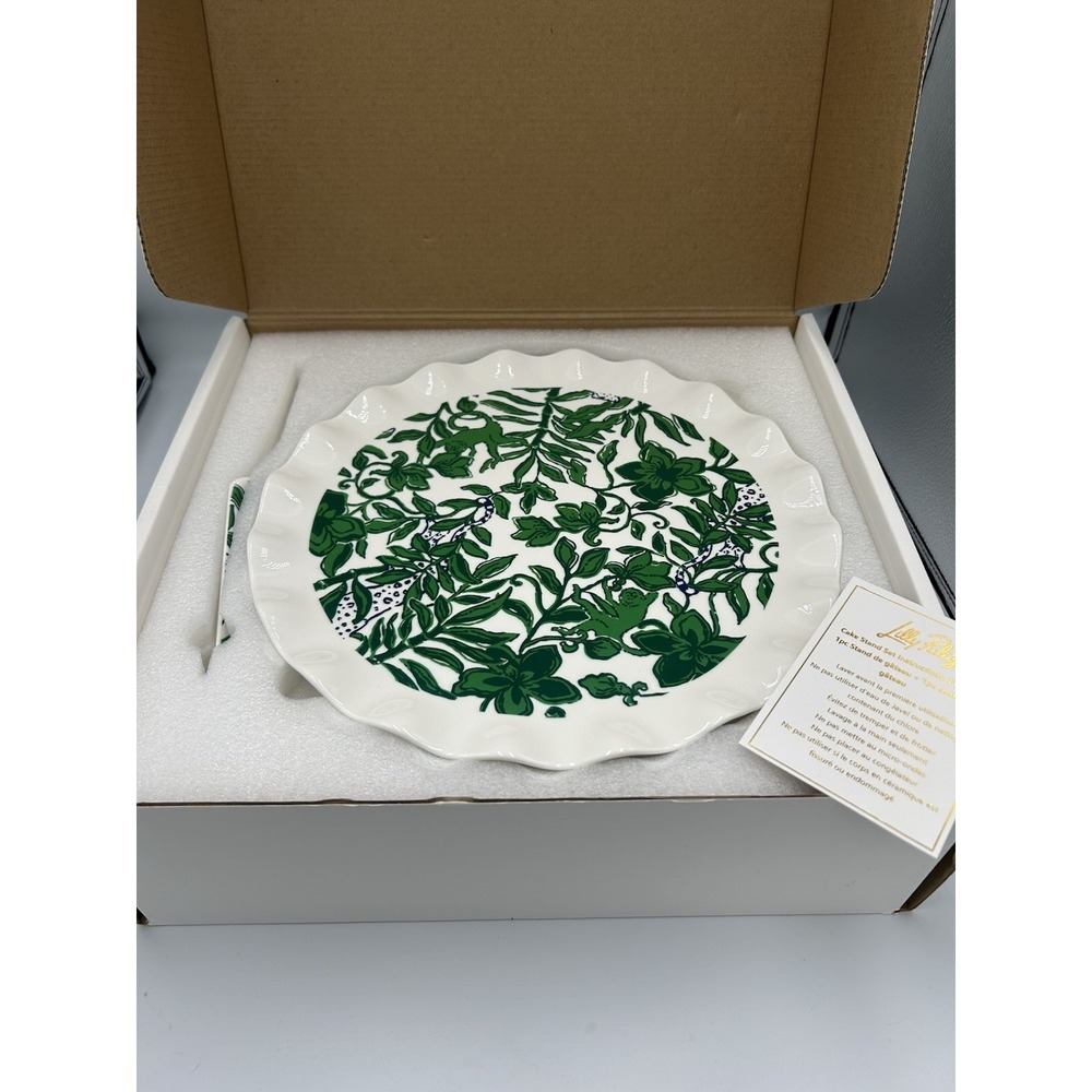 Lilly Pulitzer 017521 12in Ceramic Cake Stand & Knife Set Green/White Floral - Picture 6 of 10